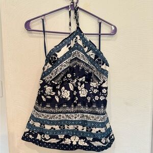 LOFT Blue and White Tiered Halter Tank Top